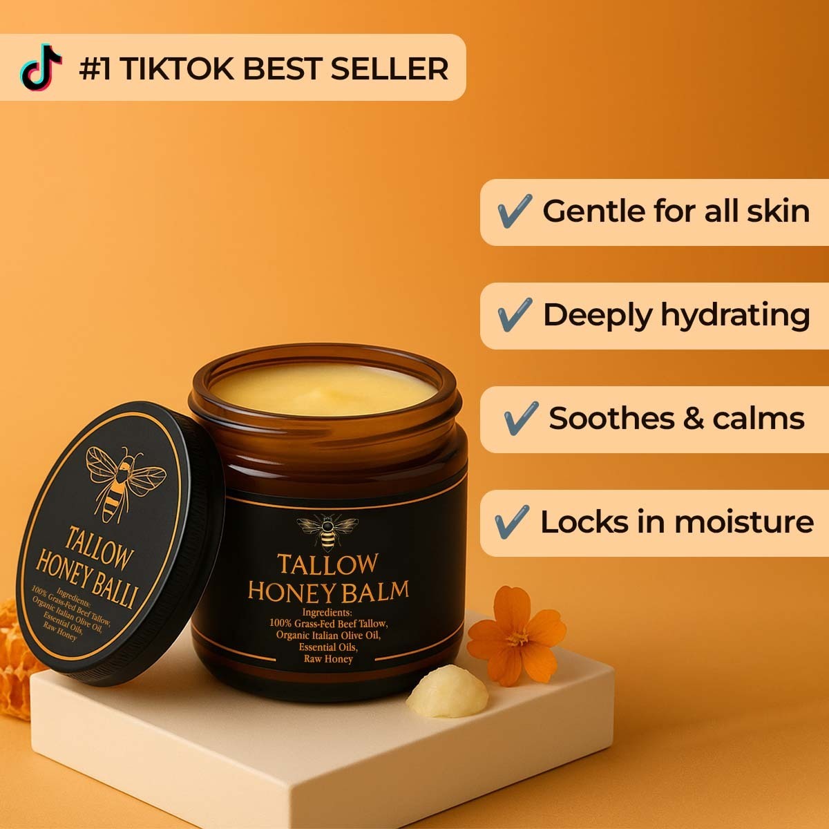 Organic Grass-Fed Beef Tallow Balm with Raw Honey
