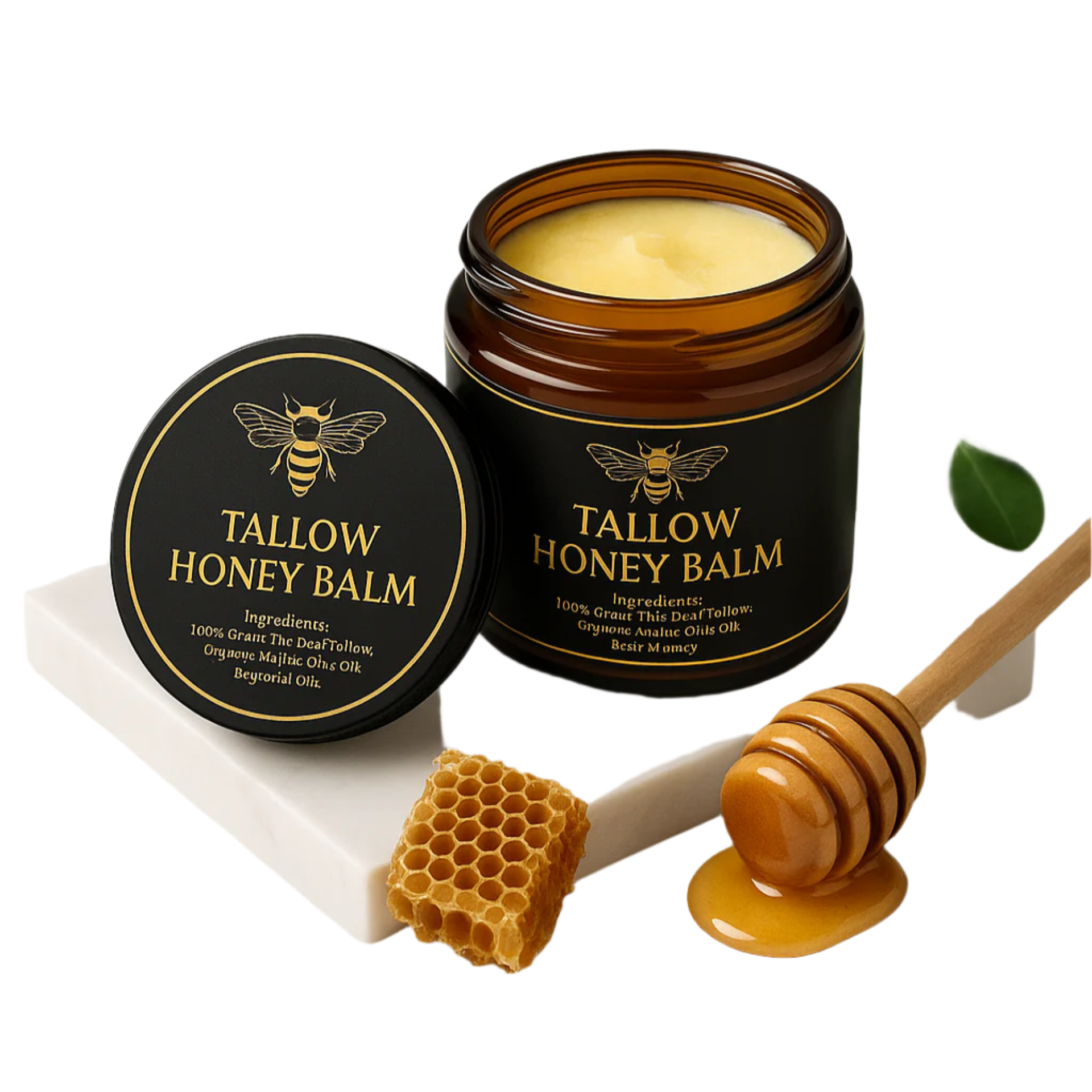 Tallow Honey Balm jar with honeycomb and honey dipper on a light background